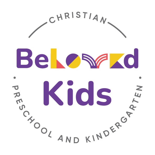 Logo for Christian Beloved Kids preschool and kindergarten featuring colorful geometric shapes in the word 'Beloved' and purple text.